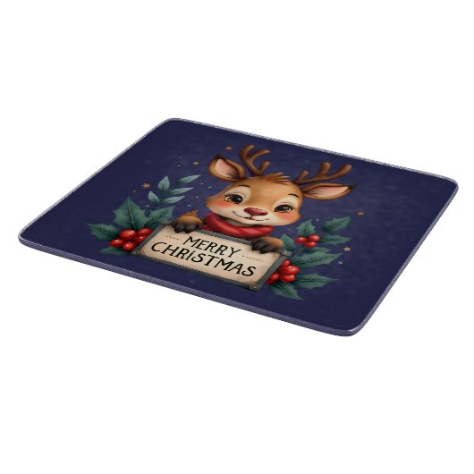 かわいいクリスマスのトナカイとホリーと看板 カッティングボード (角)
