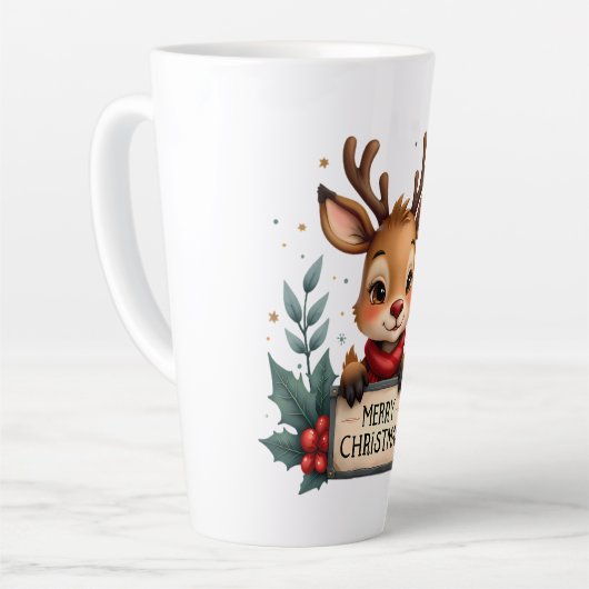 かわいいクリスマスのトナカイとホリーと看板 カフェラテマグ (左アングル)