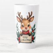 かわいいクリスマスのトナカイとホリーと看板 カフェラテマグ (正面)