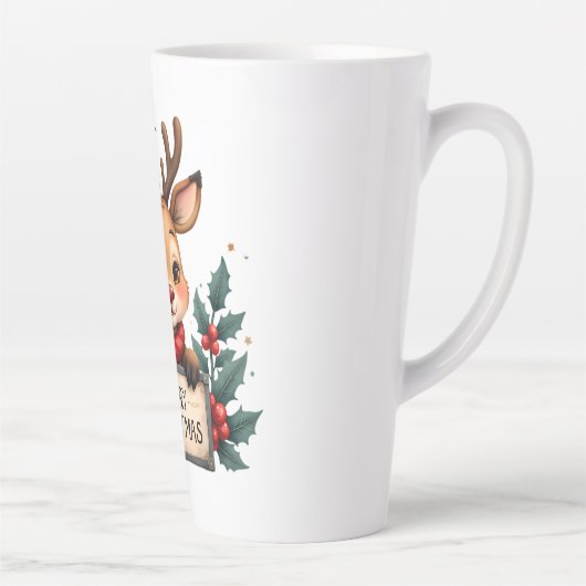 かわいいクリスマスのトナカイとホリーと看板 カフェラテマグ (右)