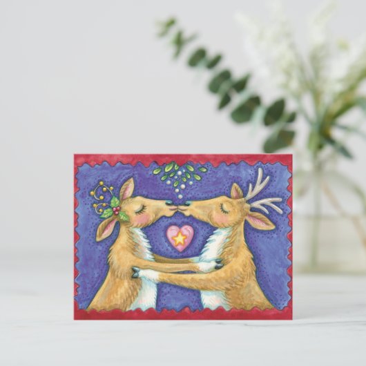 かわいいクリスマスのトナカイのキスの保存日付 案内ポストカード (スタンド正面)