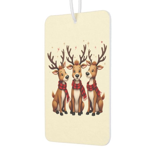 かわいいクリスマスのトナカイのトリオと格子状のスカーフ カーエアーフレッシュナー (左)