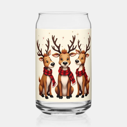かわいいクリスマスのトナカイのトリオと格子状のスカーフ ガラス缶 (正面)