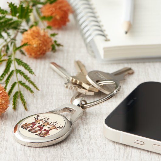 かわいいクリスマスのトナカイのトリオと格子状のスカーフ キーホルダー (側面)