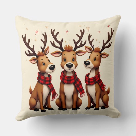 かわいいクリスマスのトナカイのトリオと格子状のスカーフ クッション (裏面)