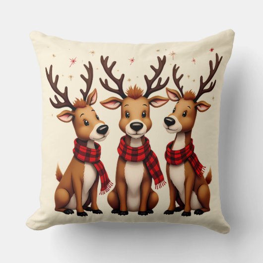 かわいいクリスマスのトナカイのトリオと格子状のスカーフ クッション (正面)