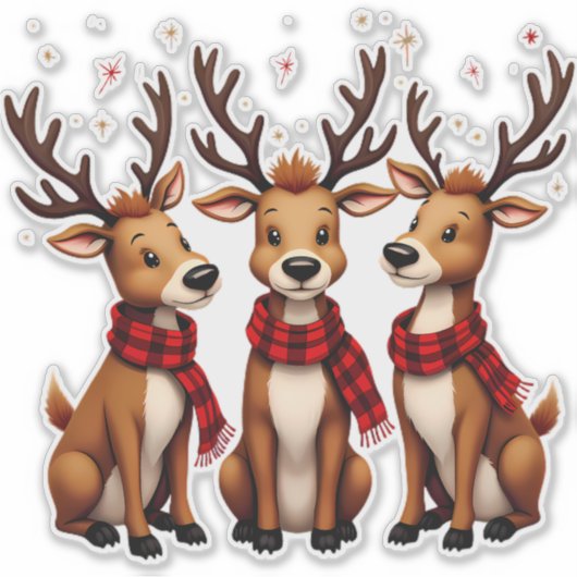かわいいクリスマスのトナカイのトリオと格子状のスカーフ シール (正面)