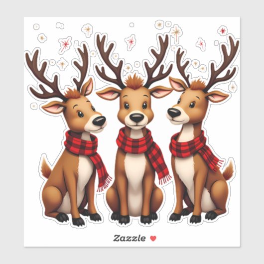 かわいいクリスマスのトナカイのトリオと格子状のスカーフ シール (シート)