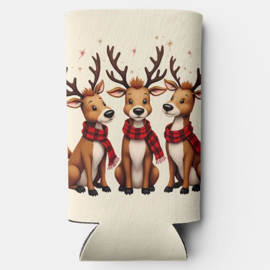 かわいいクリスマスのトナカイのトリオと格子状のスカーフ スリム缶クーラー (裏面)