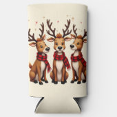 かわいいクリスマスのトナカイのトリオと格子状のスカーフ スリム缶クーラー (正面)