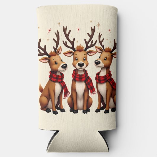 かわいいクリスマスのトナカイのトリオと格子状のスカーフ スリム缶クーラー (正面)