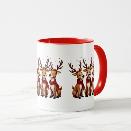 かわいいクリスマスのトナカイのトリオと格子状のスカーフ マグカップ (正面右)