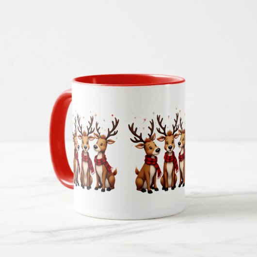 かわいいクリスマスのトナカイのトリオと格子状のスカーフ マグカップ (正面左)