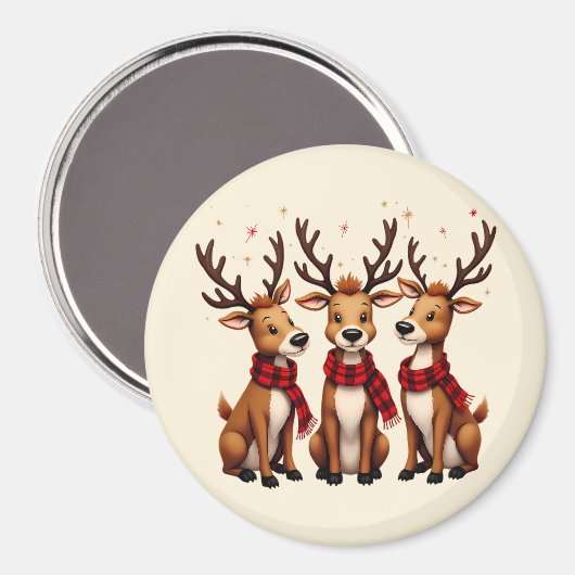 かわいいクリスマスのトナカイのトリオと格子状のスカーフ マグネット (正面/裏面)