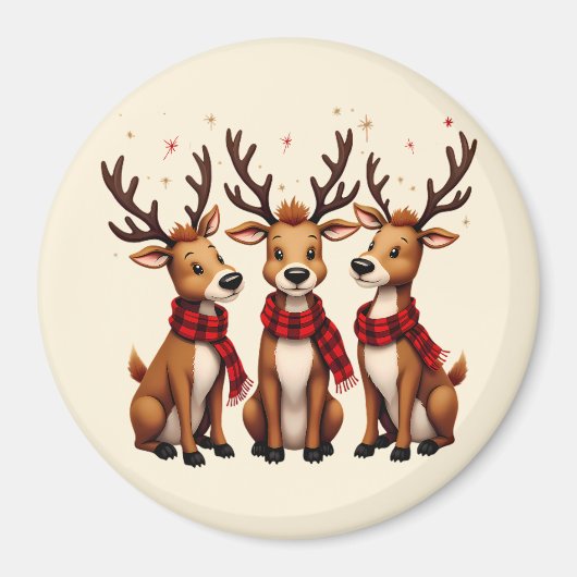 かわいいクリスマスのトナカイのトリオと格子状のスカーフ マグネット (正面)