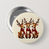 かわいいクリスマスのトナカイのトリオと格子状のスカーフ 缶バッジ (正面&裏面)