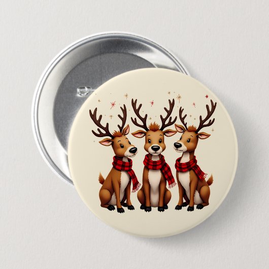 かわいいクリスマスのトナカイのトリオと格子状のスカーフ 缶バッジ (正面&裏面)