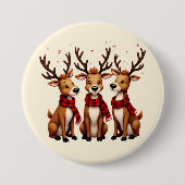 かわいいクリスマスのトナカイのトリオと格子状のスカーフ 缶バッジ (正面)