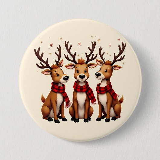 かわいいクリスマスのトナカイのトリオと格子状のスカーフ 缶バッジ (正面)