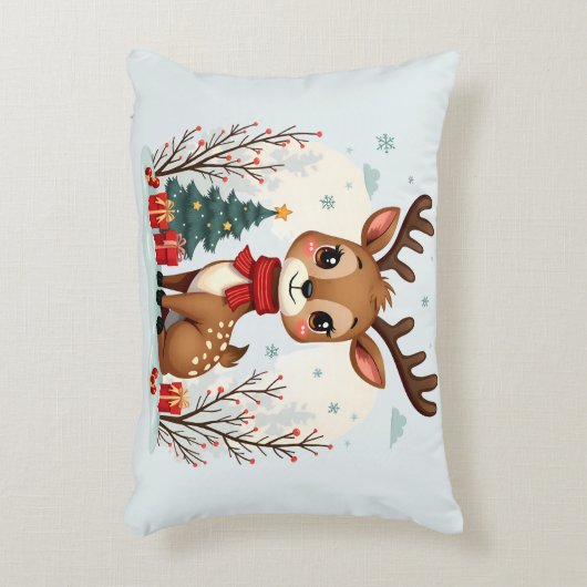 かわいいクリスマスのトナカイの風景　雪の森 アクセントクッション (正面(垂直))