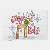 かわいいクリスマスのトナカイ、ジングルベルスの雪の結晶 キッチンタオル (横)