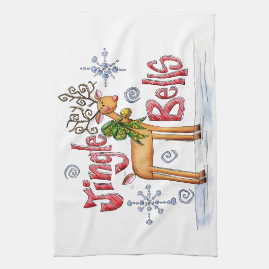 かわいいクリスマスのトナカイ、ジングルベルスの雪の結晶 キッチンタオル (縦)