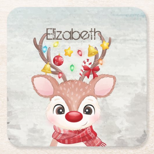 かわいいクリスマスのトナカイ スクエアペーパーコースター (正面)