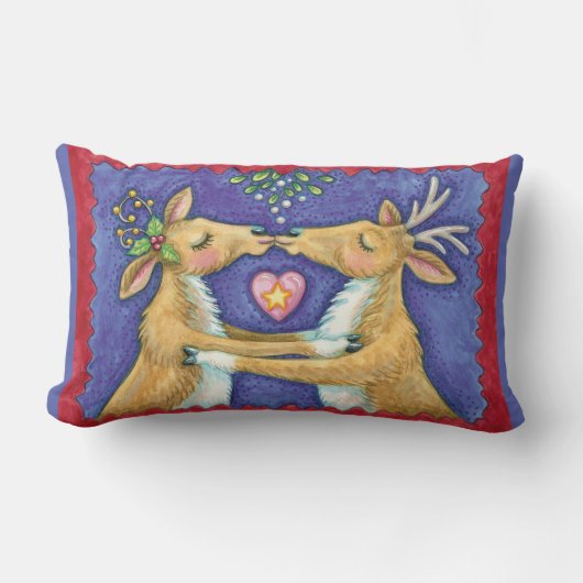 かわいいクリスマスのトナカイ、ミストルトゥのロマンチックなキス ランバークッション (正面)