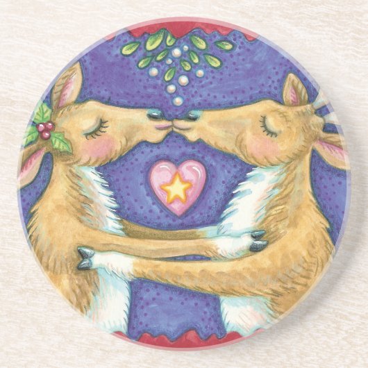 かわいいクリスマスのトナカイ、ミストルトゥの下でのロマンチックなキス コースター (正面)