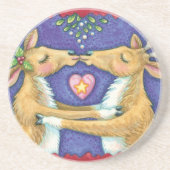 かわいいクリスマスのトナカイ、ミストルートの下でのロマンチックなキス コースター (正面)