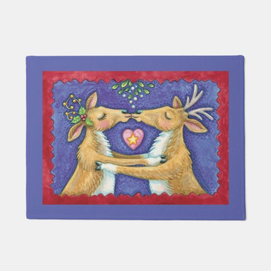 かわいいクリスマスのトナカイ、ミストルートの下でのロマンチックなキス ドアマット (正面)