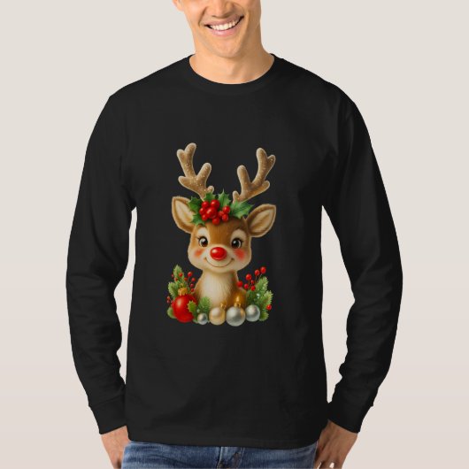 かわいいクリスマスのトナカイ 3D イラスト | ホリデー Tシャツ (正面)