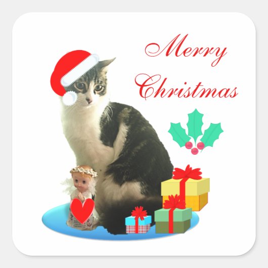 かわいいクリスマスのトラ猫 スクエアシール (正面)