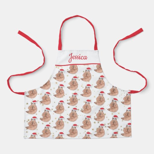 かわいいクリスマスのナマケモノたちキッズ名 エプロン (正面)