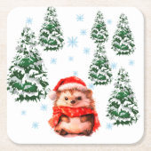 かわいいクリスマスのハリネズミ（サンタ帽 & 雪の結晶) スクエアペーパーコースター (正面)