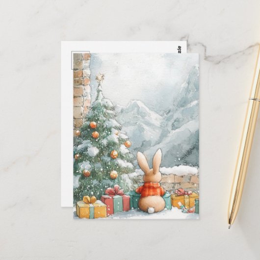 かわいいクリスマスのバニーが山を見る ポストカード (正面/裏面インサイチュ)