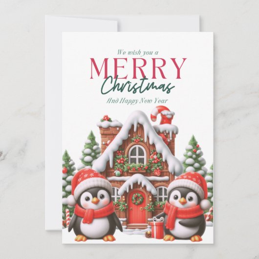 かわいいクリスマスのペンギンとジンジャーブレッドハウス シーズンカード (正面)