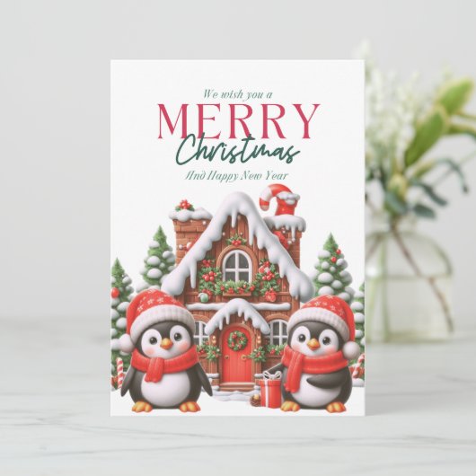 かわいいクリスマスのペンギンとジンジャーブレッドハウス シーズンカード (スタンド正面)