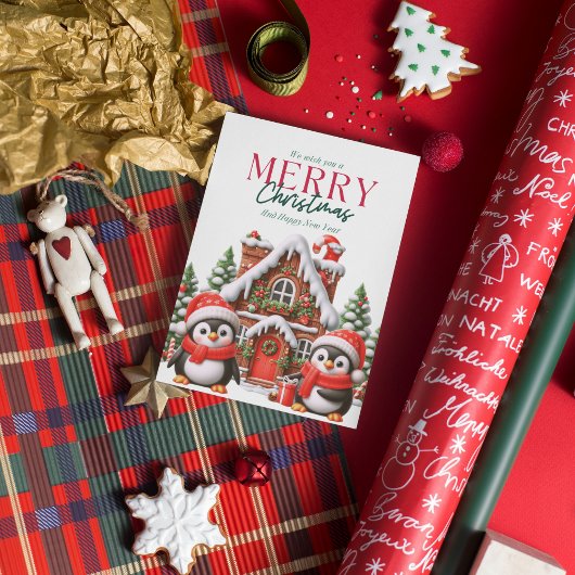 かわいいクリスマスのペンギンとジンジャーブレッドハウス シーズンカード