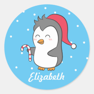 かわいいクリスマスのペンギンのキャンディ・ケーンの名前のステッカー ラウンドシール