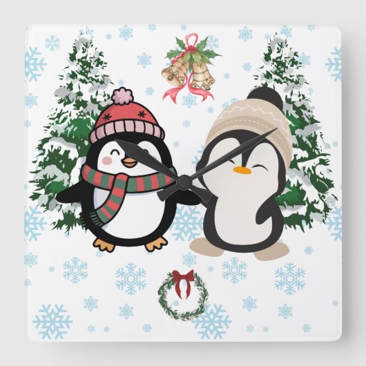 かわいいクリスマスのペンギン 冬のスクエアウォールクロック スクエア壁時計 (正面)