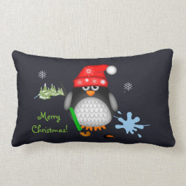 かわいいクリスマスのホッケーのペンギン及びカスタムの文字 ランバークッション
