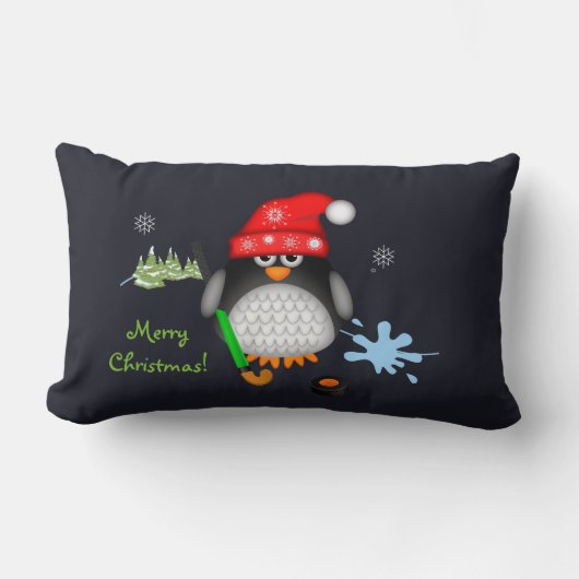 かわいいクリスマスのホッケーのペンギン及びカスタムの文字 ランバークッション (正面)