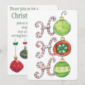 かわいいクリスマスのホホホ、キャンディーケーンのオーナメント 招待状 (正面/裏面)