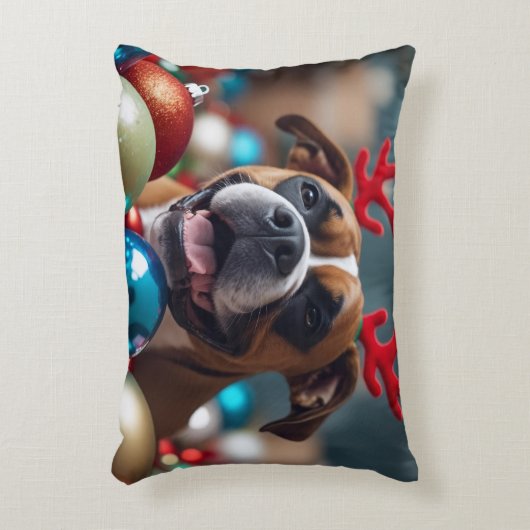 かわいいクリスマスのボクサー犬のリンデンアントラー アクセントクッション (正面(垂直))