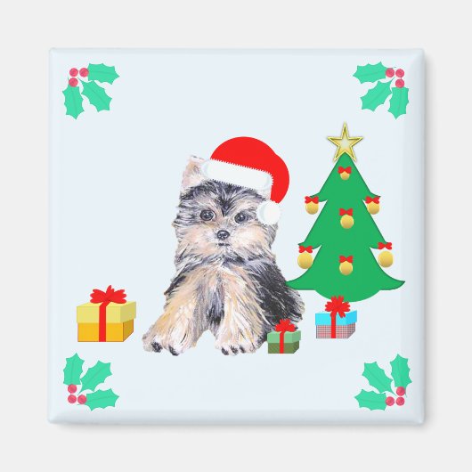 かわいいクリスマスのヨークシャテリアの子犬 マグネット (正面)