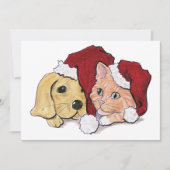 かわいいクリスマスのラブラドール子犬とオレンジ色のタビー猫 シーズンカード (正面)