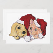 かわいいクリスマスのラブラドール子犬とオレンジ色のタビー猫 シーズンカード (正面/裏面)
