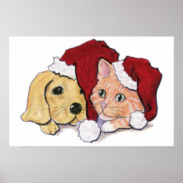 かわいいクリスマスのラブラドール子犬とオレンジ色のタビー猫 ポスター