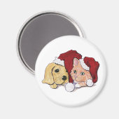 かわいいクリスマスのラブラドール子犬とオレンジ色のタビー猫 マグネット (正面/裏面)